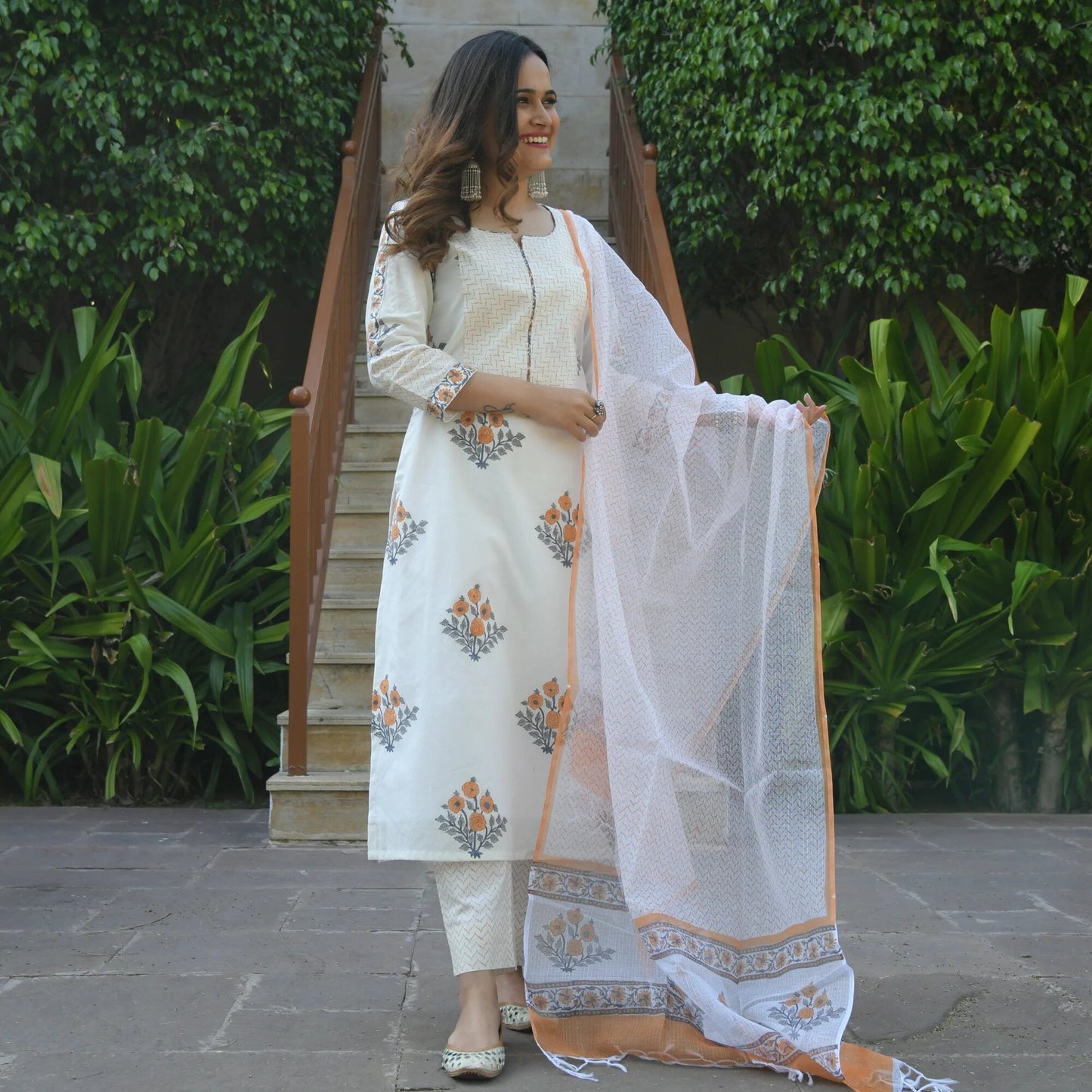 Indian Clothing Malishka Women White Cotton Floral Printed Kurta Pant & Dupatta Set - White - Malishka