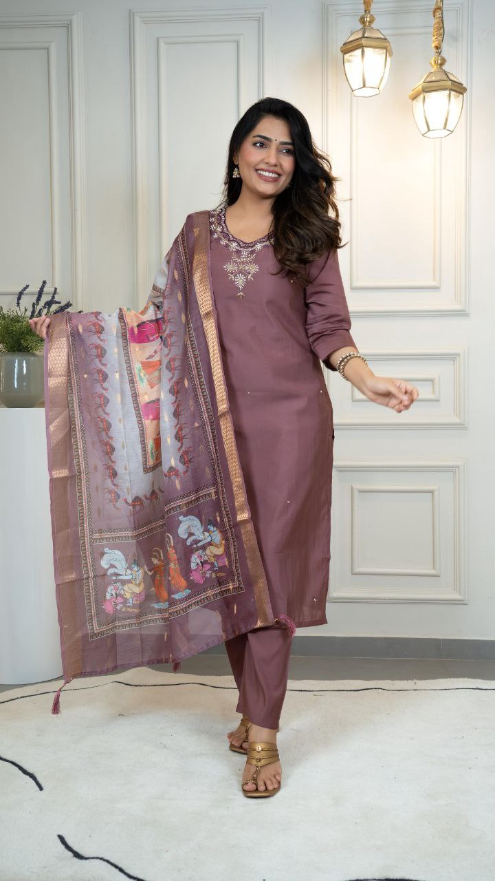 Lorenvalley Fashion Burgundy Roman Silk Hand Work Kurta Pant with Dupatta - Swadesiicart