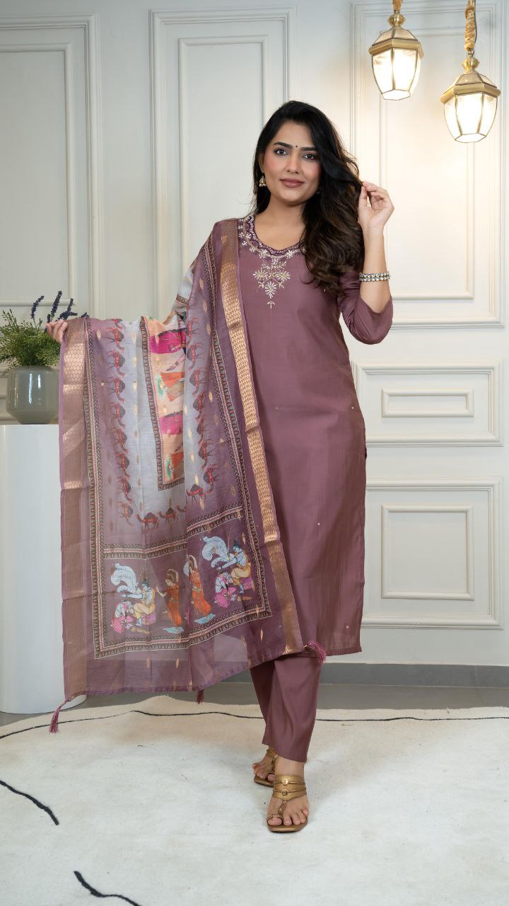 Lorenvalley Fashion Burgundy Roman Silk Hand Work Kurta Pant with Dupatta - Swadesiicart