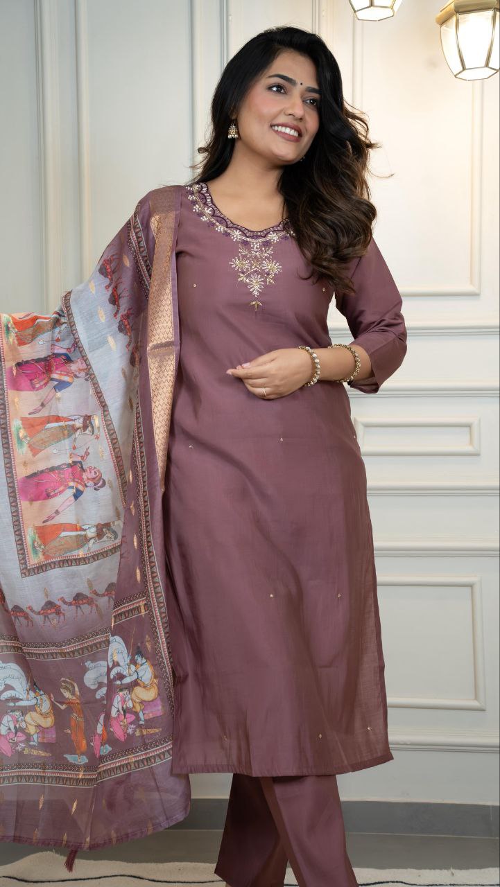 Lorenvalley Fashion Burgundy Roman Silk Hand Work Kurta Pant with Dupatta - Swadesiicart