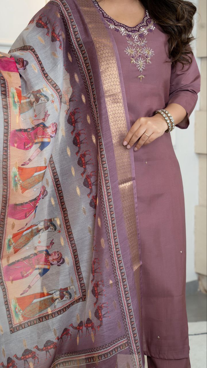 Lorenvalley Fashion Burgundy Roman Silk Hand Work Kurta Pant with Dupatta - Swadesiicart