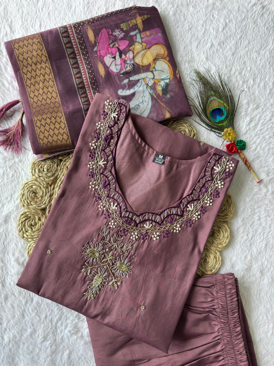 Lorenvalley Fashion Burgundy Roman Silk Hand Work Kurta Pant with Dupatta - Swadesiicart