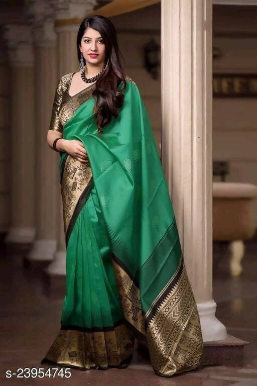 DEIANA'S Beautiful Designer Golden zari Soft Lichi Silk Saree - Green - Swadesiicart