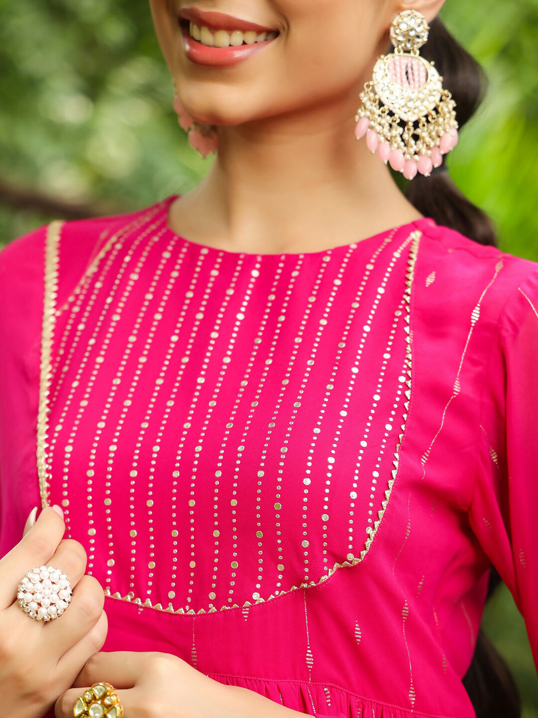 Janasya Pink Georgette Foil Print Kurta,Bottom & Dupatta | Swadesiicart