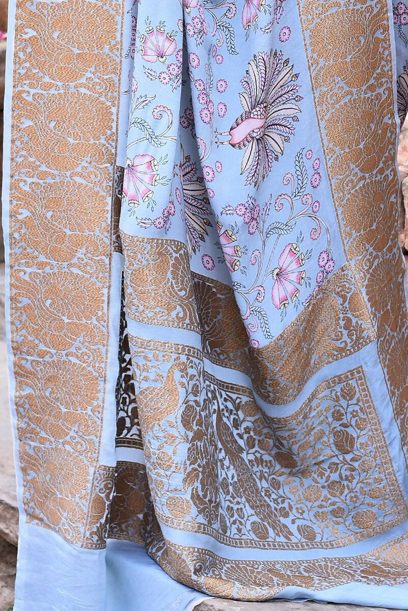 Joban Fashion Light Blue Crepe Chiffon Pure Handloom Banarasi Silk Saree | Swadesiicart