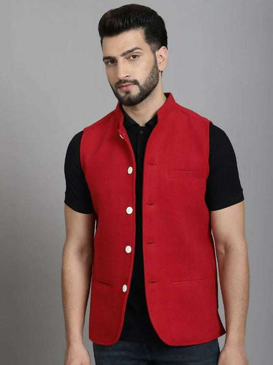Even Apparels Nehru Jacket With Welt Pockets - Red | Swadesiicart