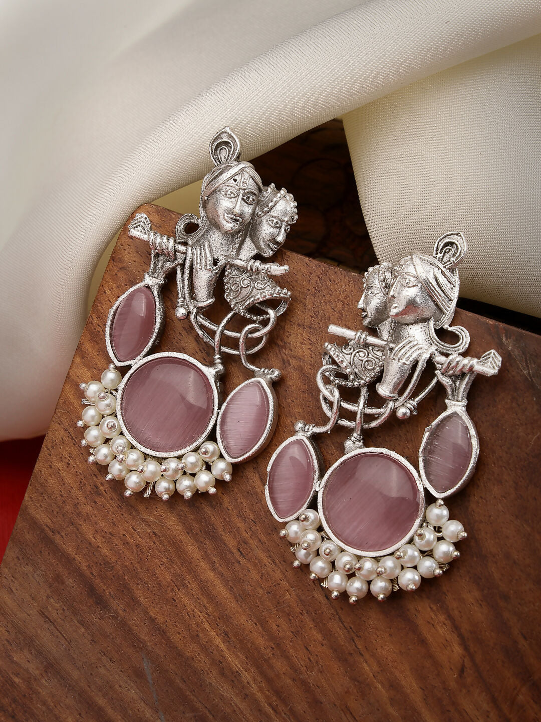 NVR Women's Silver-Plated Artificial Stones and Beads Radha Krishna Drop Earrings | Swadesiicart