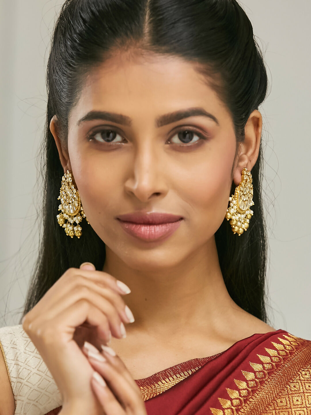 Nuyug 22K Gold-Plated Kundan Stone Studded & Pearl Drop Beaded Crescent Shaped Chandbalis | Swadesiicart