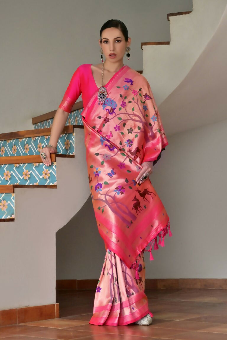 Vishnu Weaves Women's Pink Paithani Silk Zari Woven Saree with Blouse - Swadesiicart