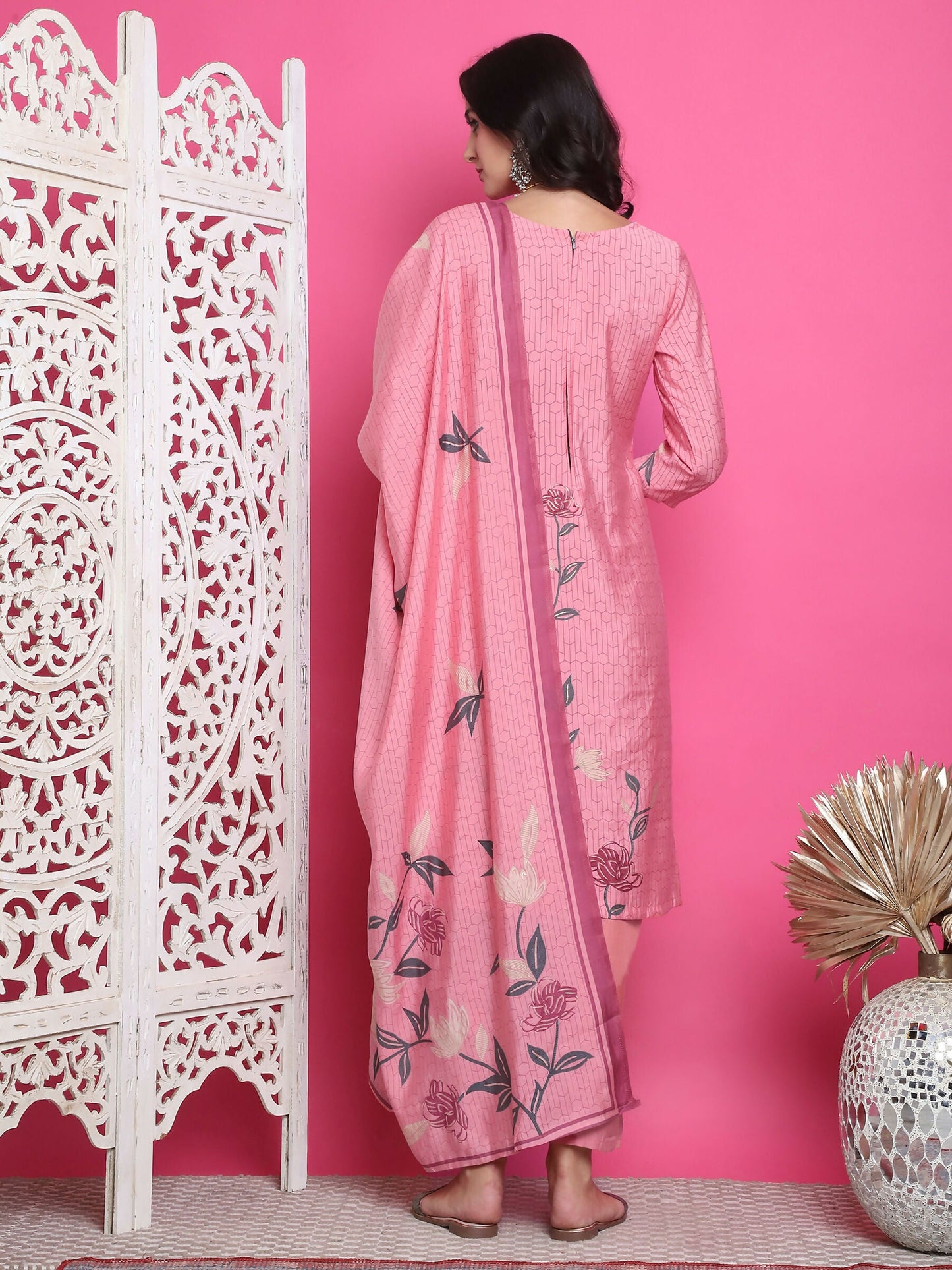 Jyoti Fashion Women's Pink Muslin Floral Print with Jari & Crystal work Kurta with Trouser & Dupatta | Swadesiicart