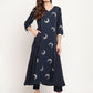 Ahalyaa Women's Navy Blue Rayon Foil & Khari Print Kurta Trouser Set | Swadesiicart