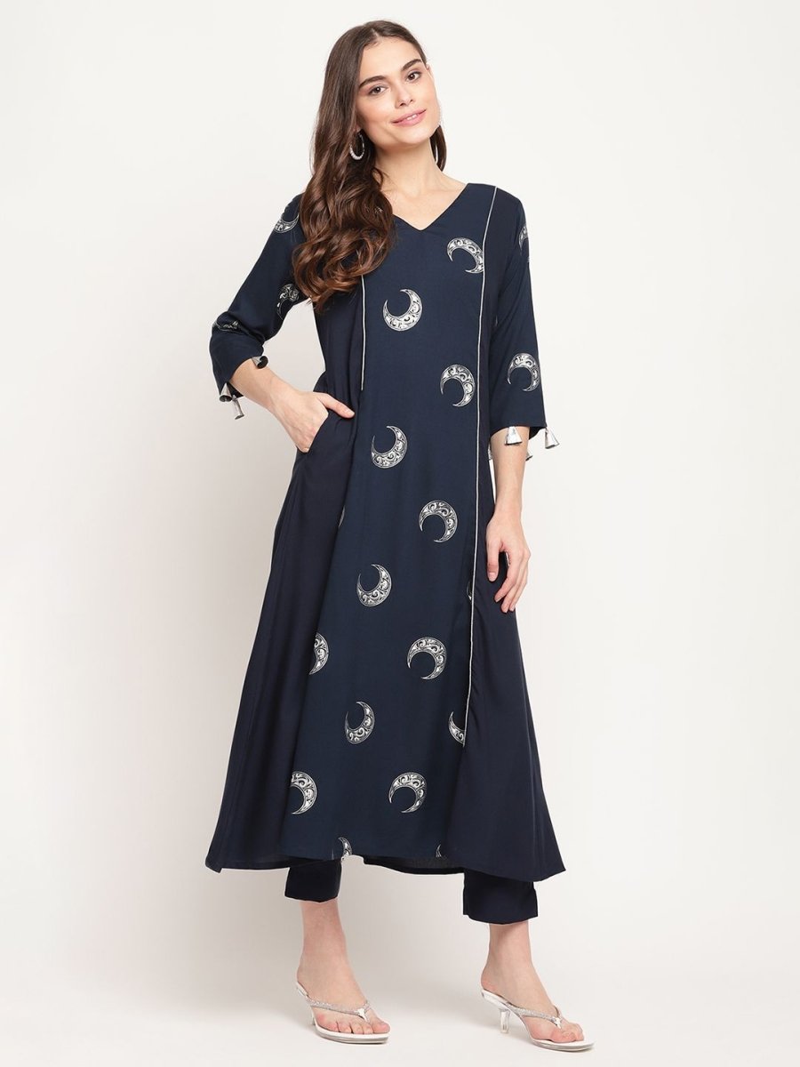 Ahalyaa Women's Navy Blue Rayon Foil & Khari Print Kurta Trouser Set | Swadesiicart