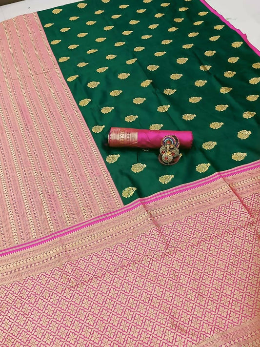 DEIANA'S Beautiful Designer Golden zari Soft Lichi Silk Saree - Green - Swadesiicart