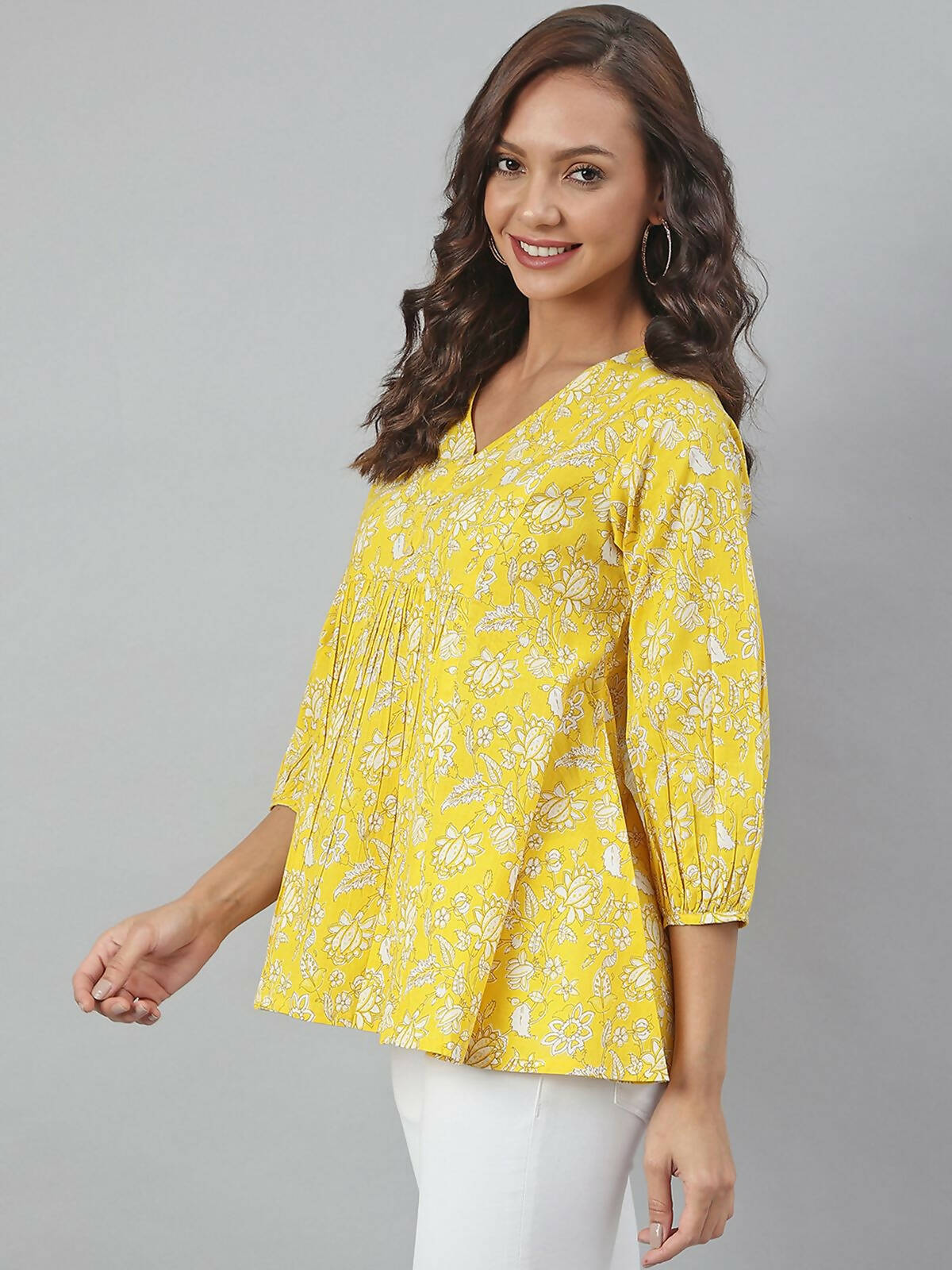 Janasya Women's Yellow Cotton Floral Print Flared Top | Swadesiicart