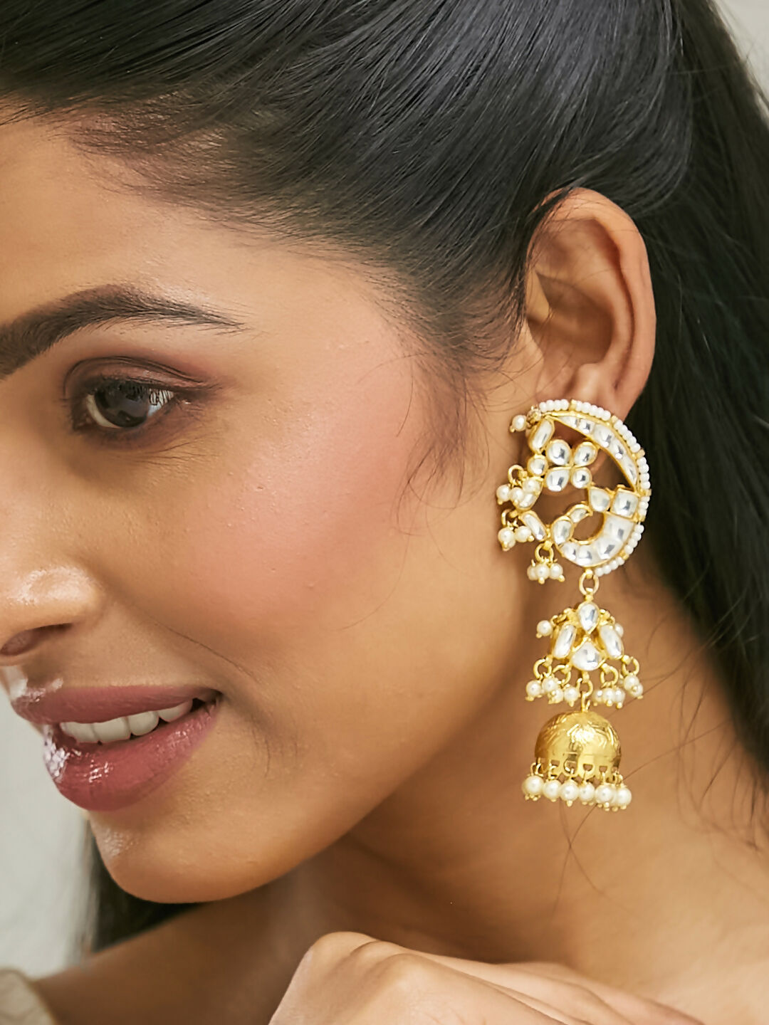 Nuyug 22K Gold-Plated Elegant Kundan Stone Studded & Pearl Drops Mini Jhumki Dangler Earrings | Swadesiicart
