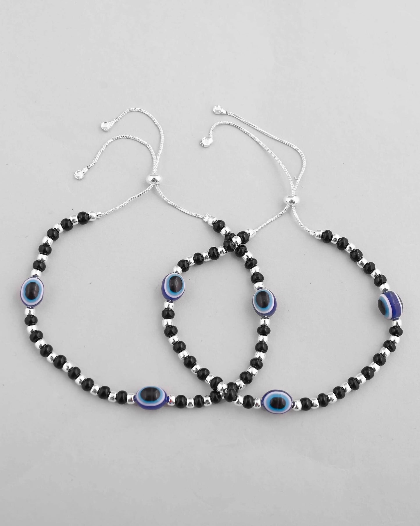 VOJ Set of 2 Silver Plated Evil Eye With Black And Silver Beads Anklet - Swadesiicart