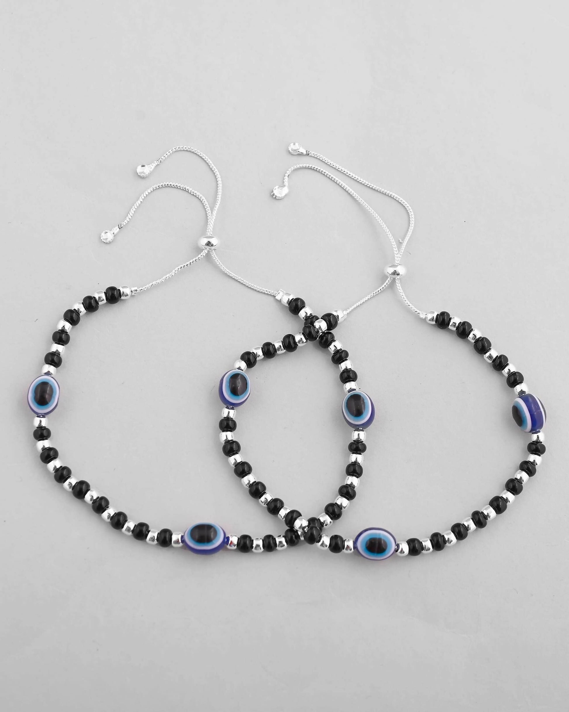 VOJ Set of 2 Silver Plated Evil Eye With Black And Silver Beads Anklet - Swadesiicart