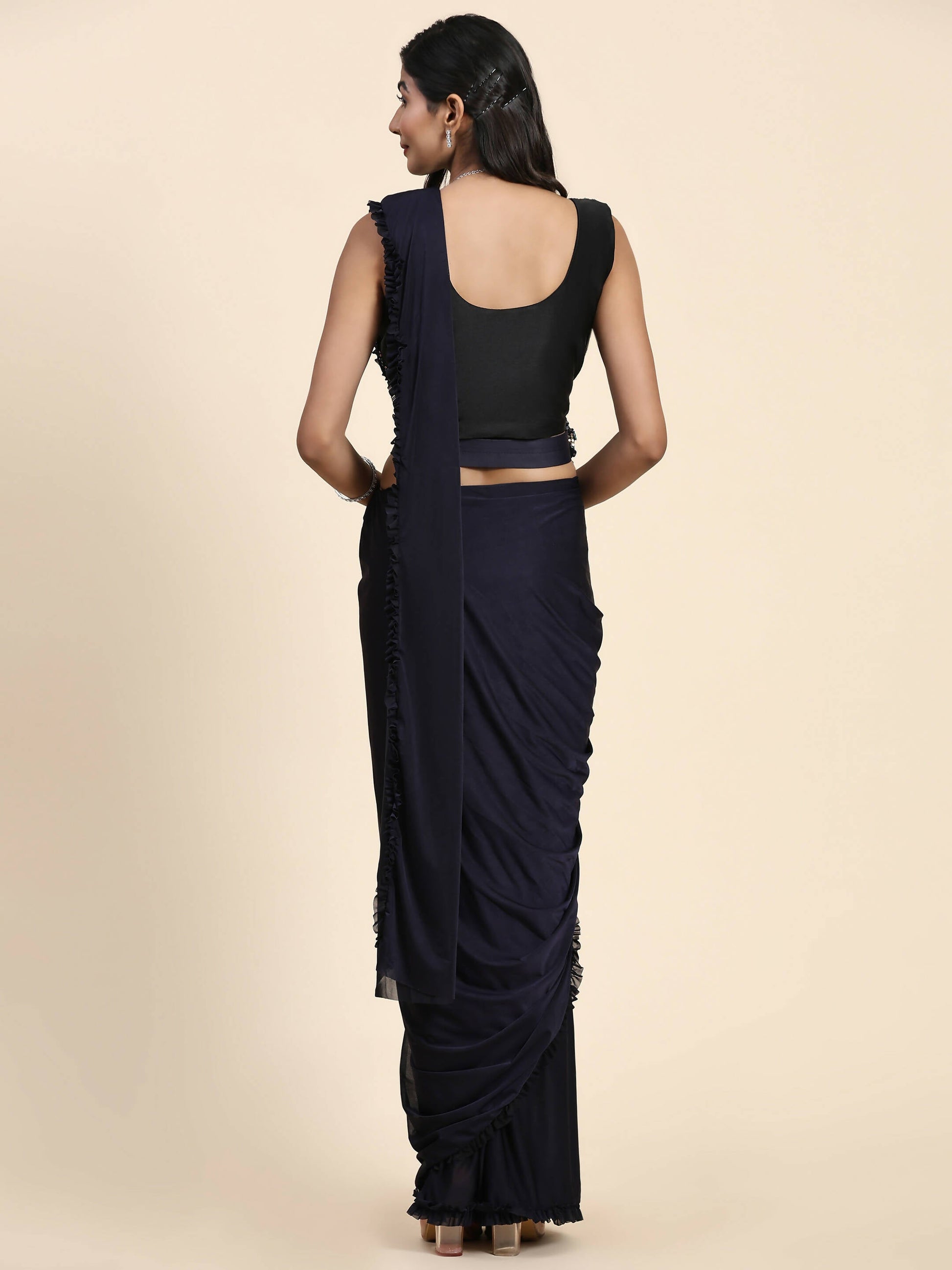 Navy Blue Imported Fabric Plain Ready to wear Saree with stitched Blouse - Vrinda | Swadesiicart