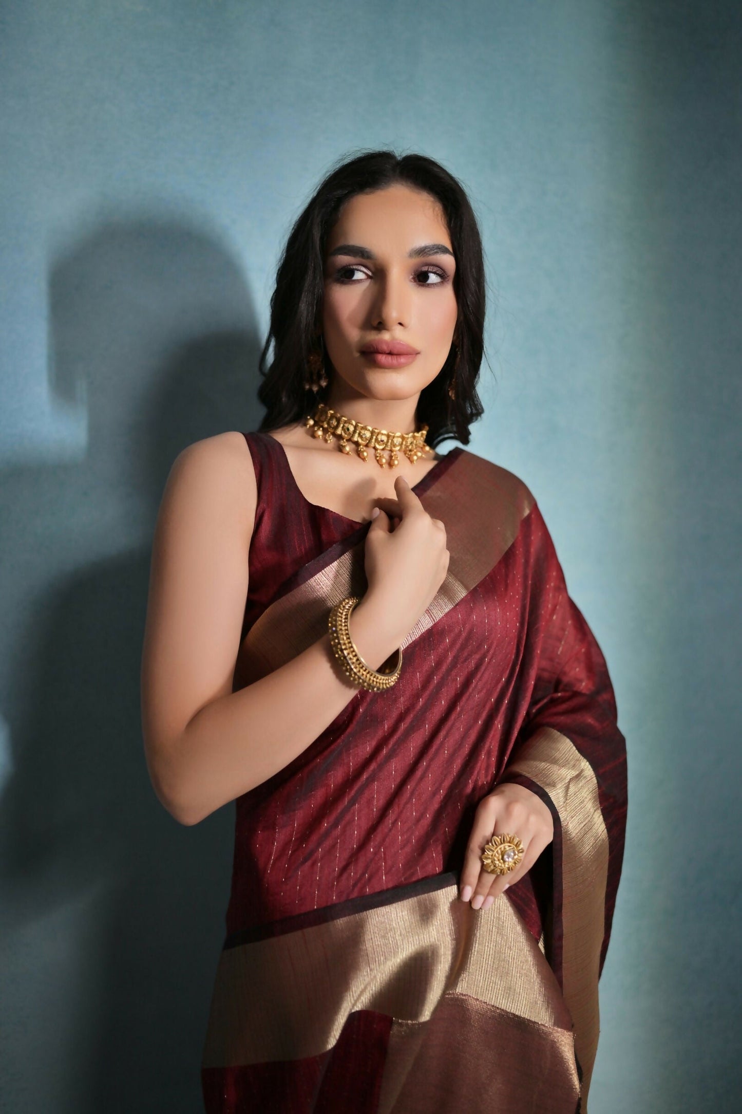 Vishnu Weaves Women's Maroon Raw Silk Zari Woven Saree with Blouse - Swadesiicart