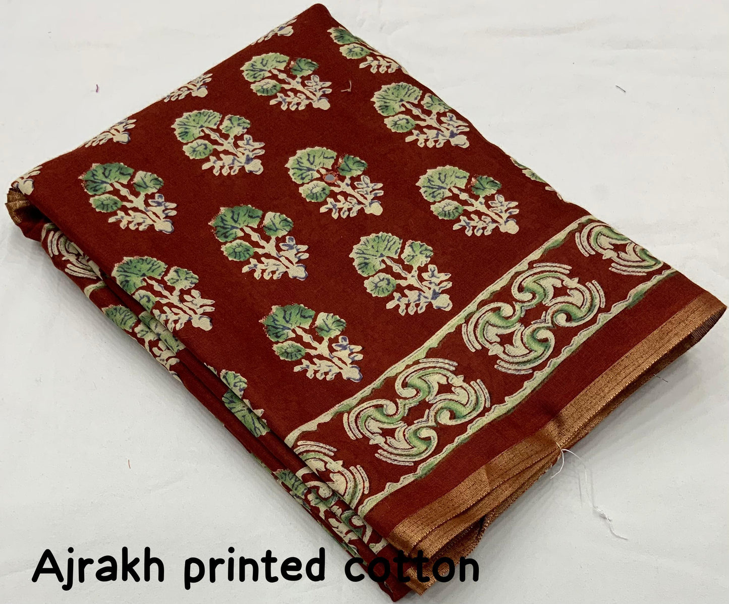 Red Cotton Blend Ajrak Saree with Unstitched Blouse - Hiral Fashion | Swadesiicart