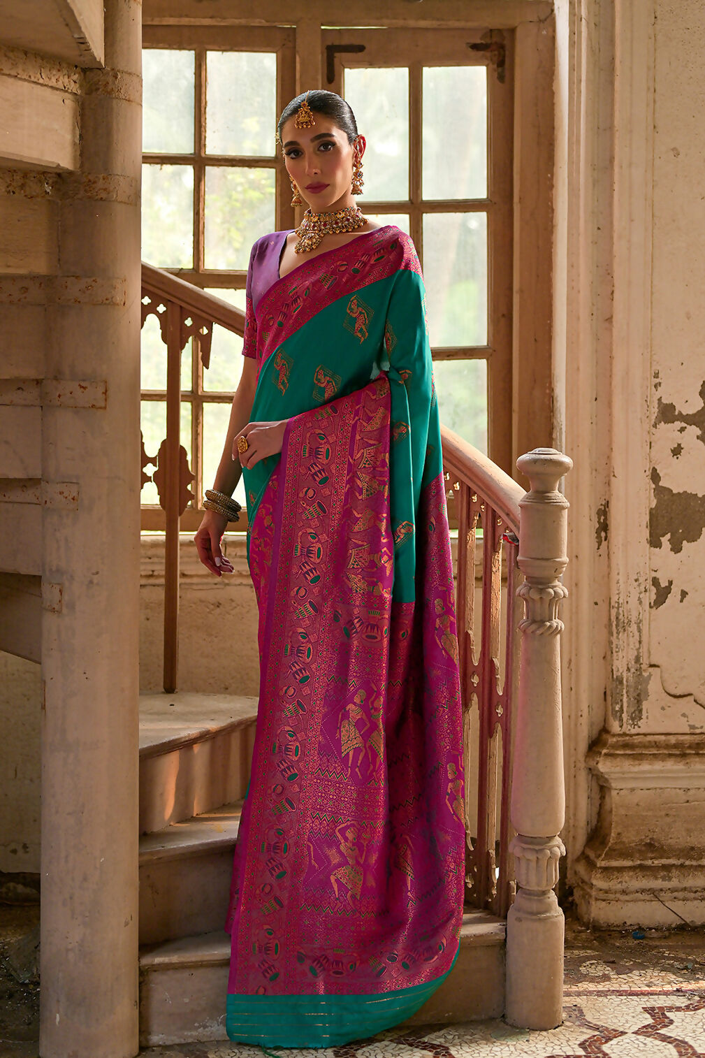 Vishnu Weaves Women's Rama Banarasi Silk Kalamkari Zari Woven Saree with Blouse - Swadesiicart