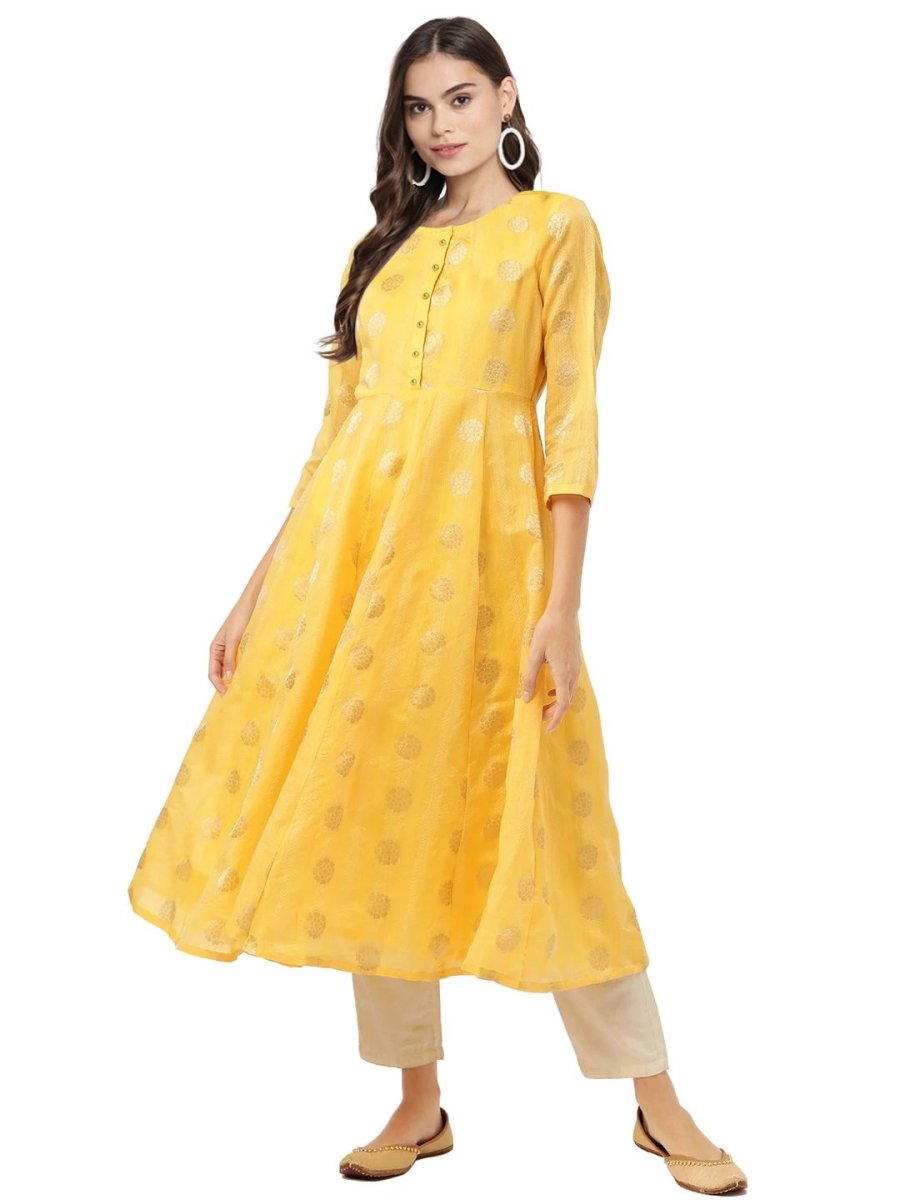 Ahalyaa Women Yellow Chanderi Jacquard Woven Dress | Swadesiicart