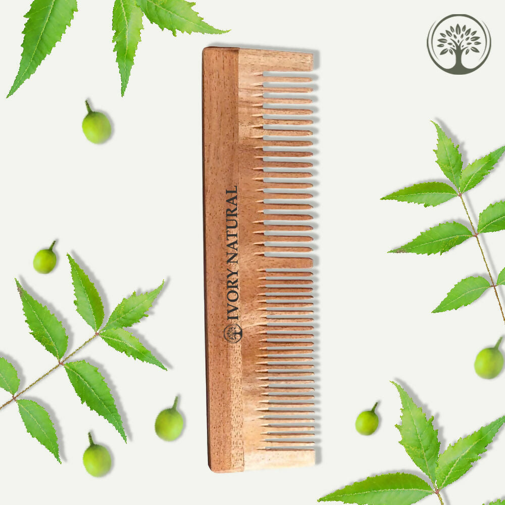 Ivory Natural Dual Tooth Kacchi Neem Comb Infused With Organic Oil For Gentle Detangling And Straightning Hair - Ivory Natural
