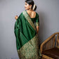 Vishnu Weaves Women's Green Handloom Raw Silk Woven Border Saree with Unstitched Blouse - Swadesiicart