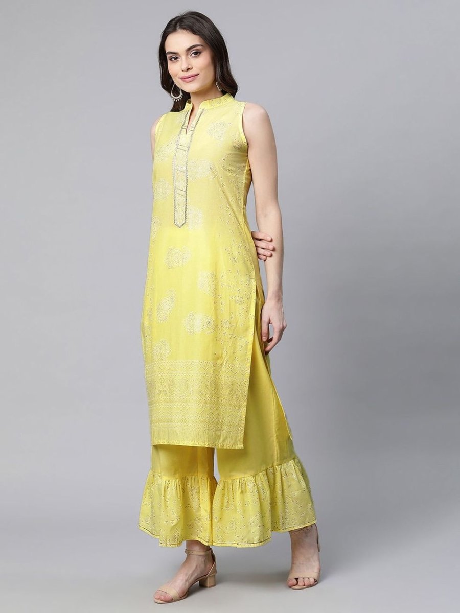 Ahalyaa Women Yellow Colour Pure Cotton Glitter Print Kurta Palazzo Set | Swadesiicart