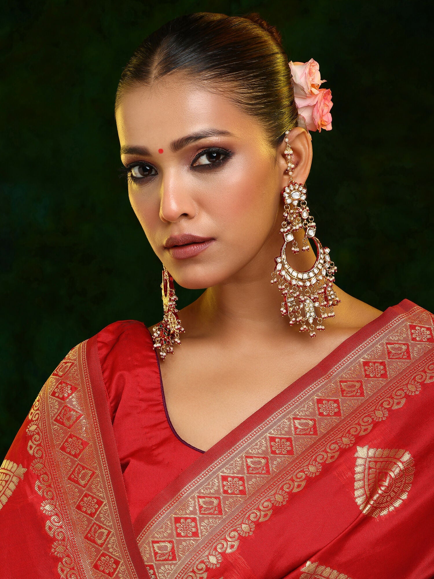 Ruby Raang 22k Gold Polished Kundan Chand Earrings With Ear Chains | Swadesiicart