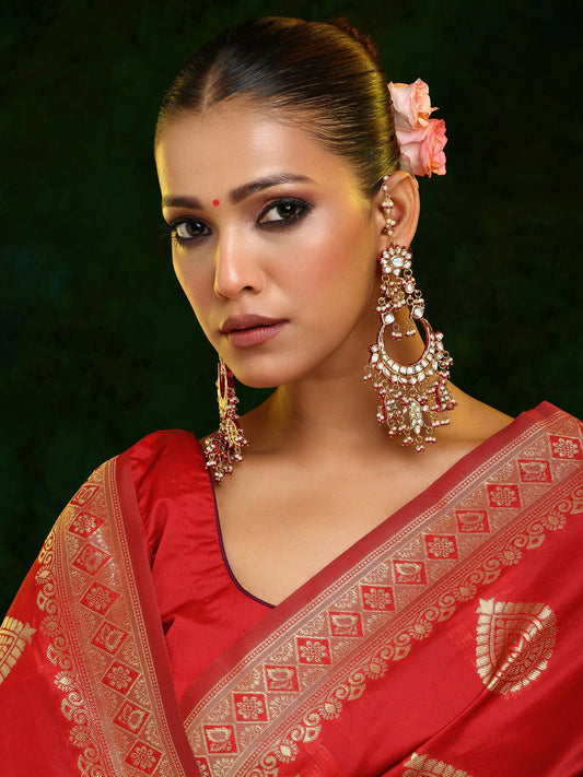 Ruby Raang 22k Gold Polished Kundan Chand Earrings With Ear Chains | Swadesiicart