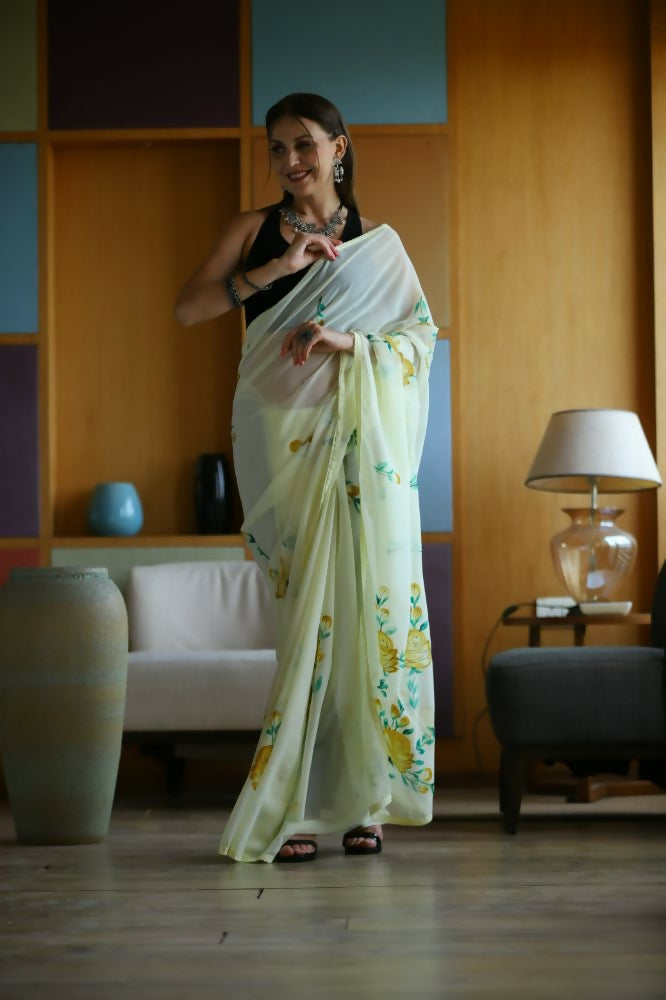 Vamsee Laxmi Yellow Georgette Saree - Swadesiicart