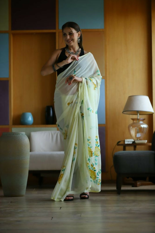 Vamsee Laxmi Yellow Georgette Saree - Swadesiicart