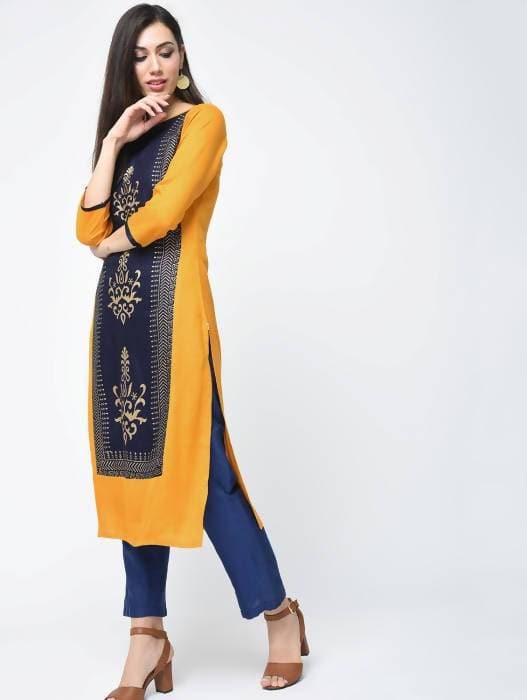 Aniyah Rayon Block Printed Straight Kurta In Mustard And Blue (AN-119K) - Swadesiicart