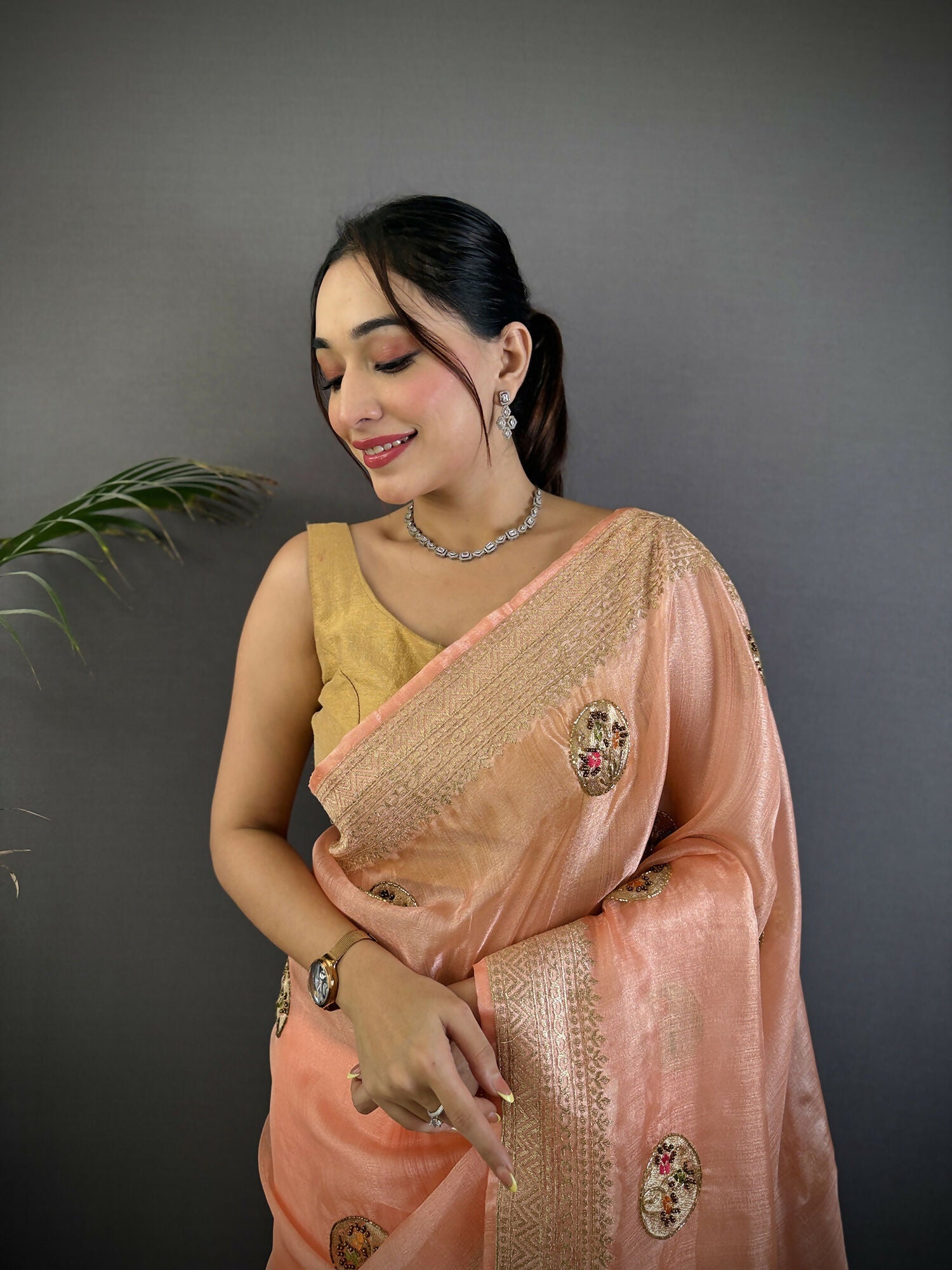 Joban Fashion Peach Handloom Banarasi Organza Silk Khatali Butta Work Saree | Swadesiicart