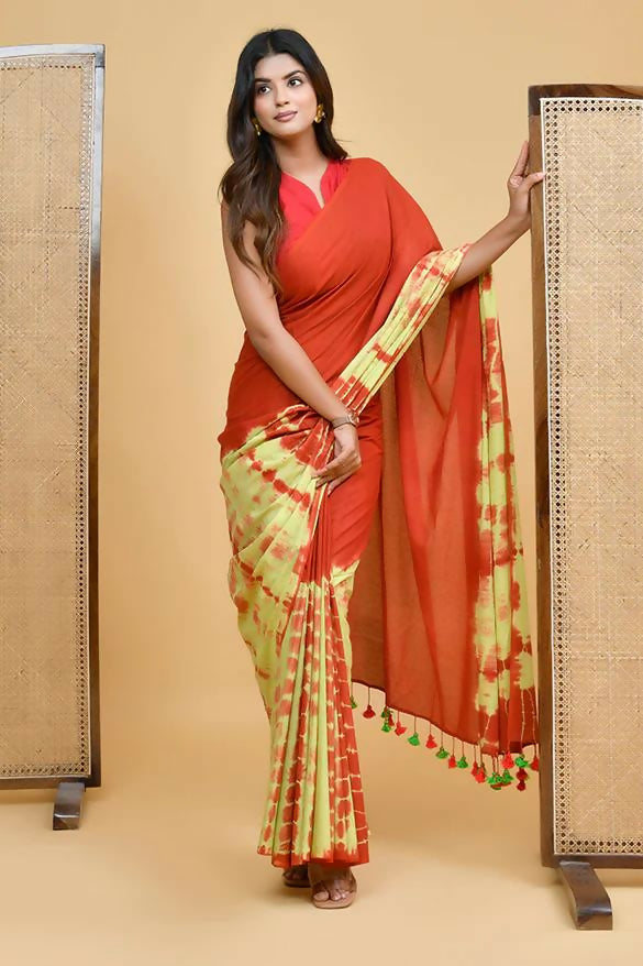 Exclusive Collection Red Light Yellow Beautiful Super Soft Most Comfortable Pure Mul Cotton Saree - Swadesiicart