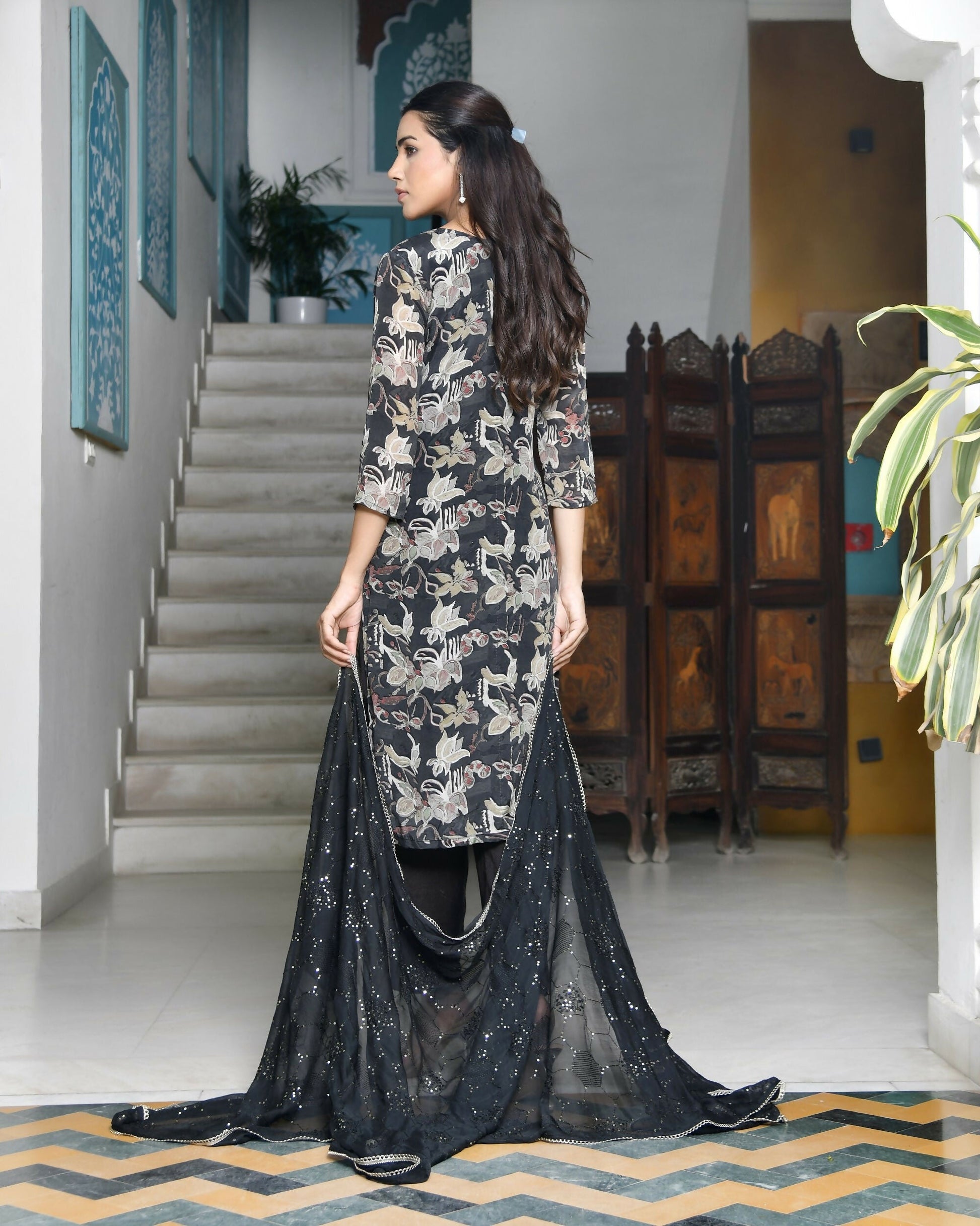 Vaasva Women's Black Crepe Embroidered Suit Set | Swadesiicart