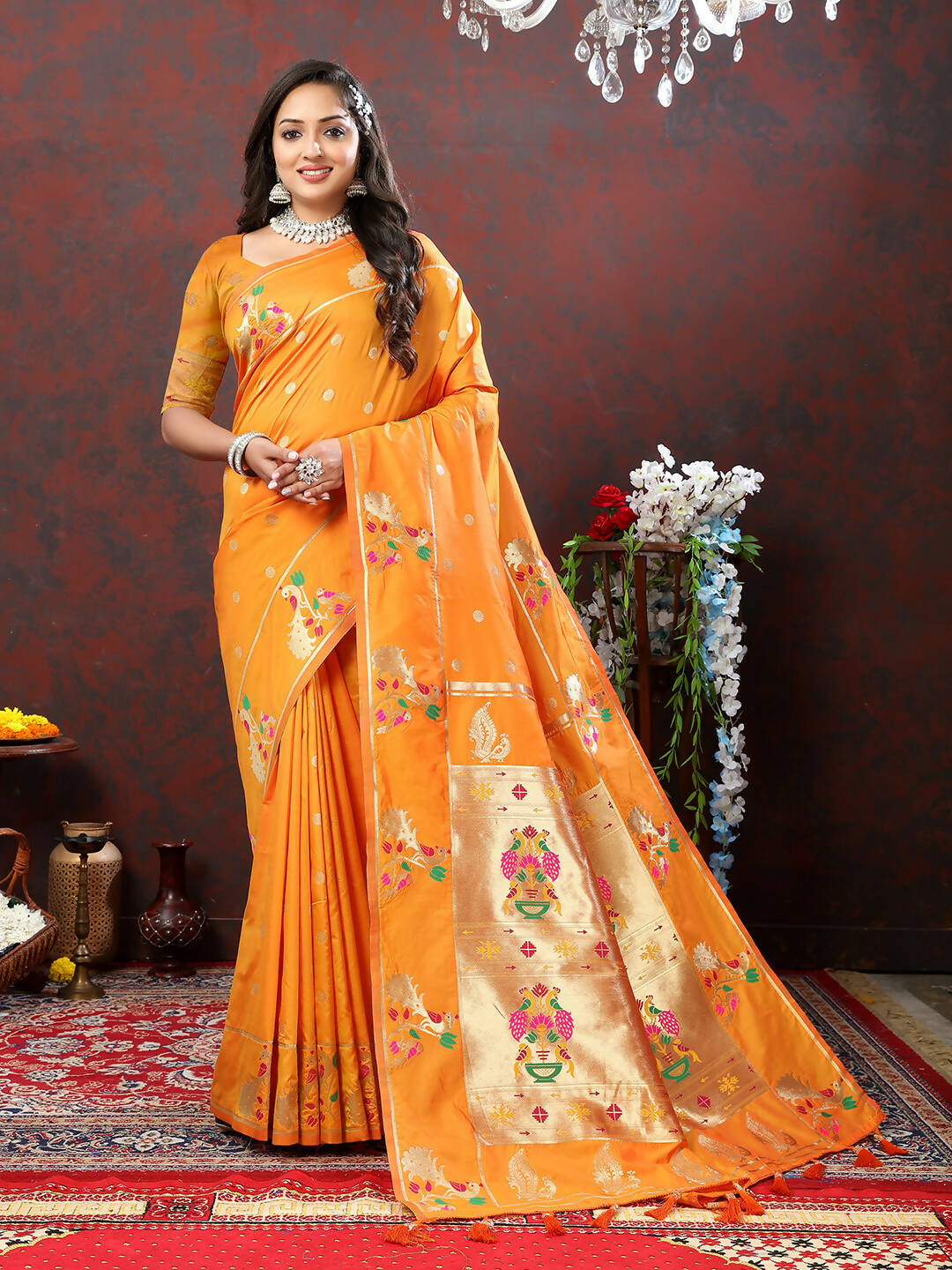 Lorenvalley Fashion Orange Soft Paithani Silk Woven Design Gold Zari Meenakari Weaving Saree - Swadesiicart
