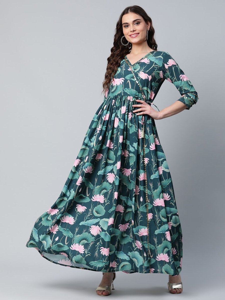 Ahalyaa Women Dark Green Crepe Digital Print Dress | Swadesiicart