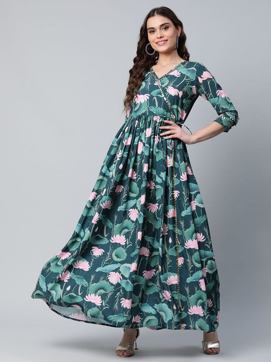 Ahalyaa Women Dark Green Crepe Digital Print Dress | Swadesiicart