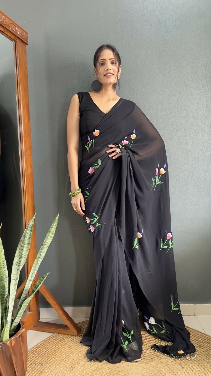 Aayaa Designer 1 min Hand Painted Ready to Wear saree - Black | Swadesiicart