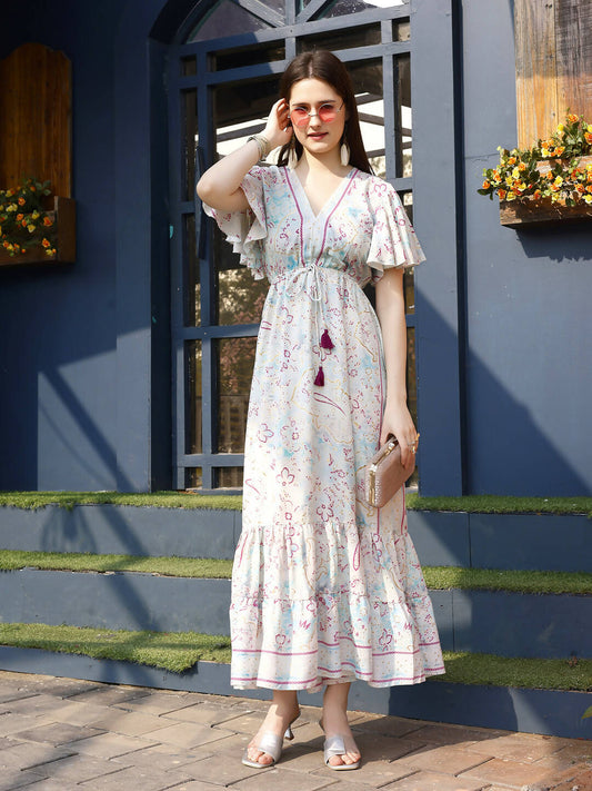 Off white Rayon Foil Printed Long Dress - Michan | Swadesiicart