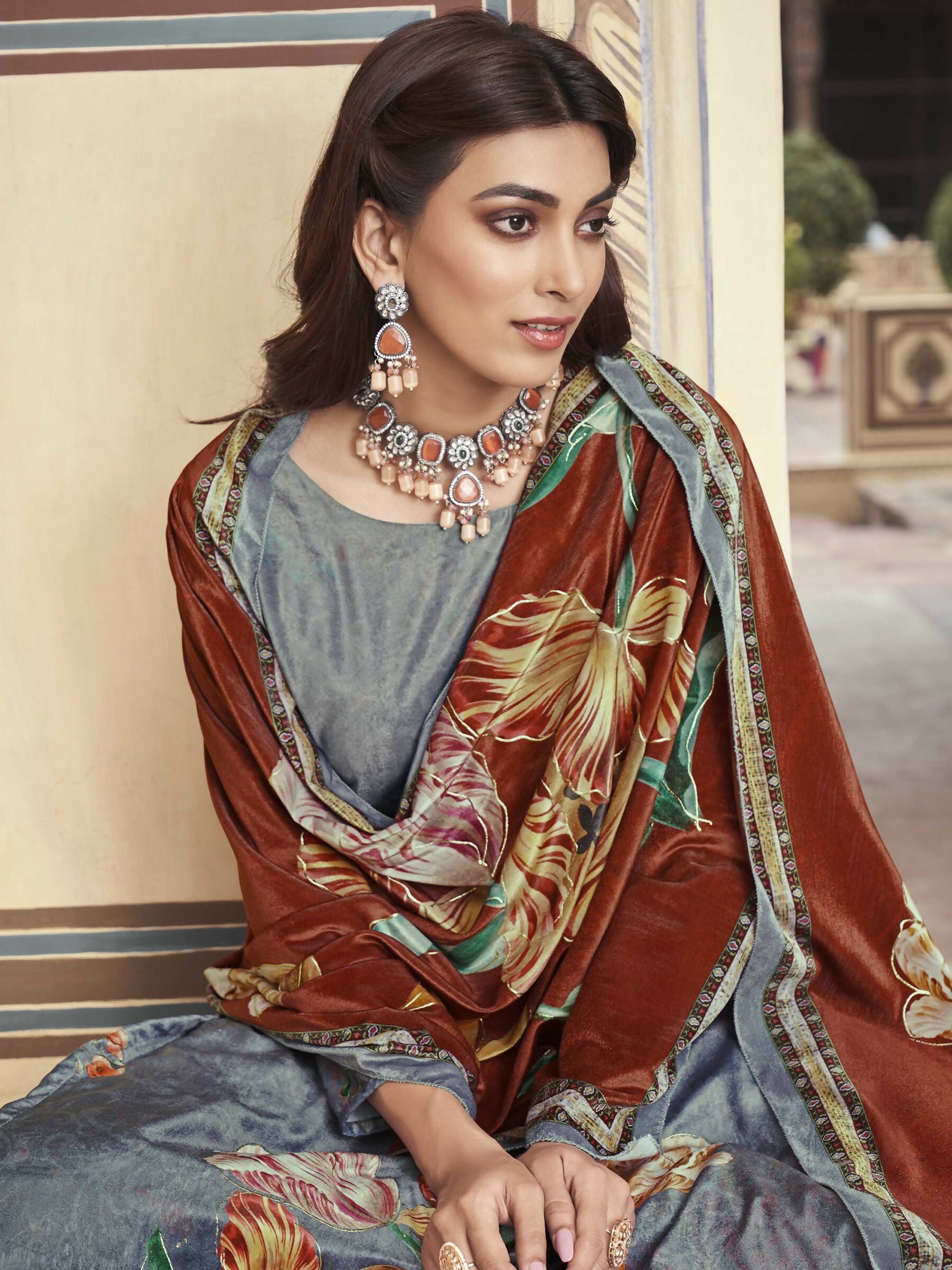 Jyoti Fashion Women's Grey Velvet Floral Digital Printed Kurta with Trouser & Dupatta | Swadesiicart