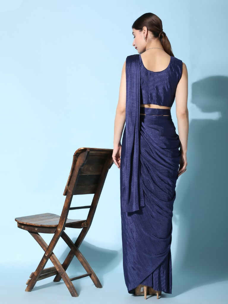 Blue Imported Crush Lycra Texture Pattern Ready to Wear Saree with stitched Blouse - Nirvana | Swadesiicart