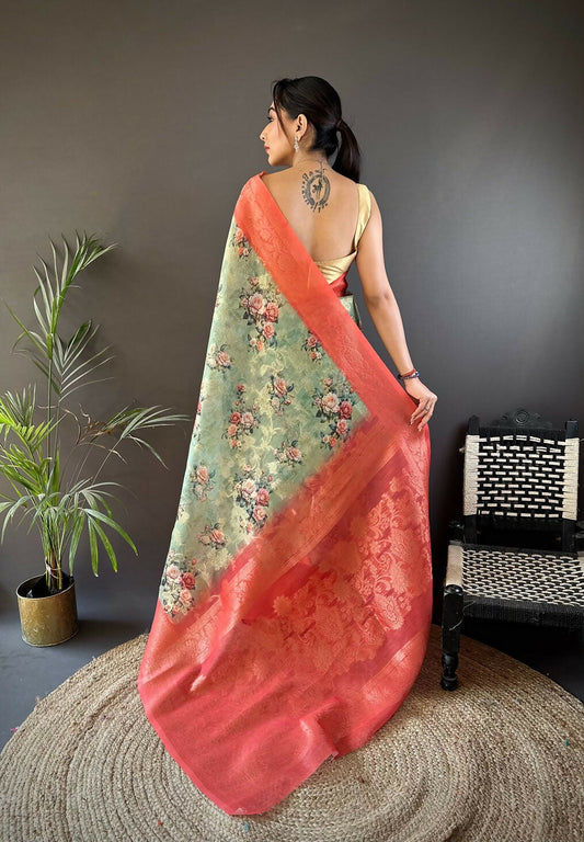 Joban Fashion Brick Red Floral Motifs Banarasi Silk Sarees | Swadesiicart