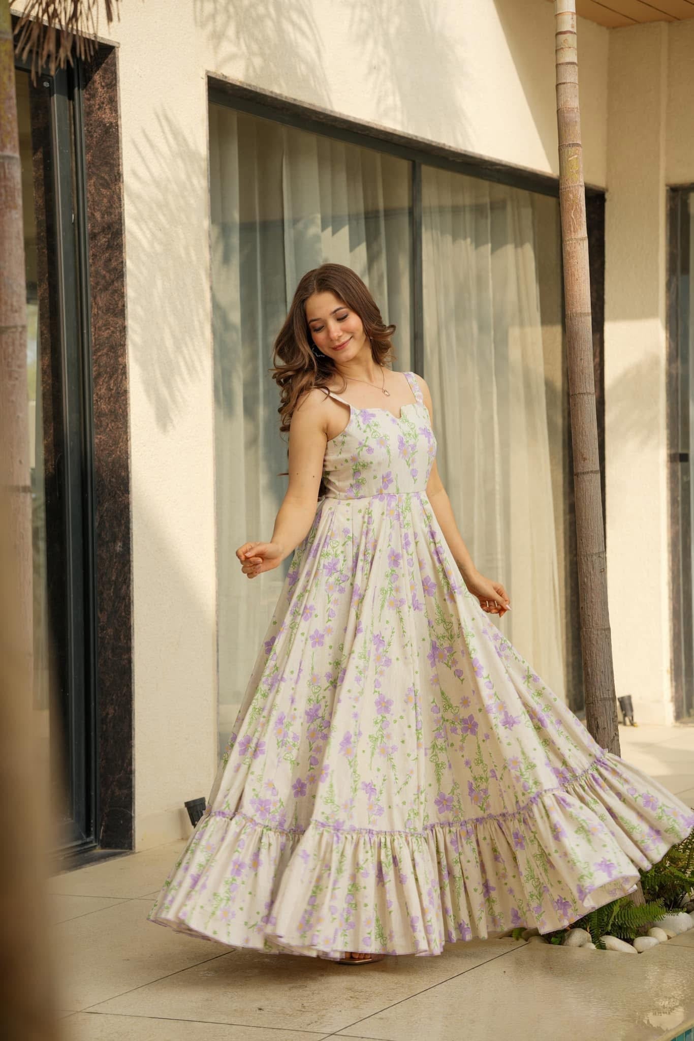 Lorenvalley Cream Rayon Floral Print Fit & Flare Gown - Swadesiicart