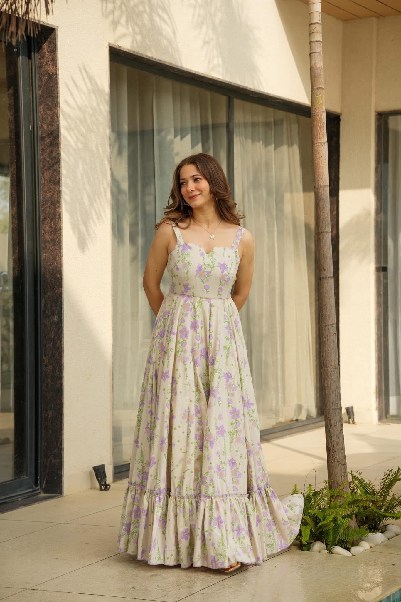 Lorenvalley Cream Rayon Floral Print Fit & Flare Gown - Swadesiicart