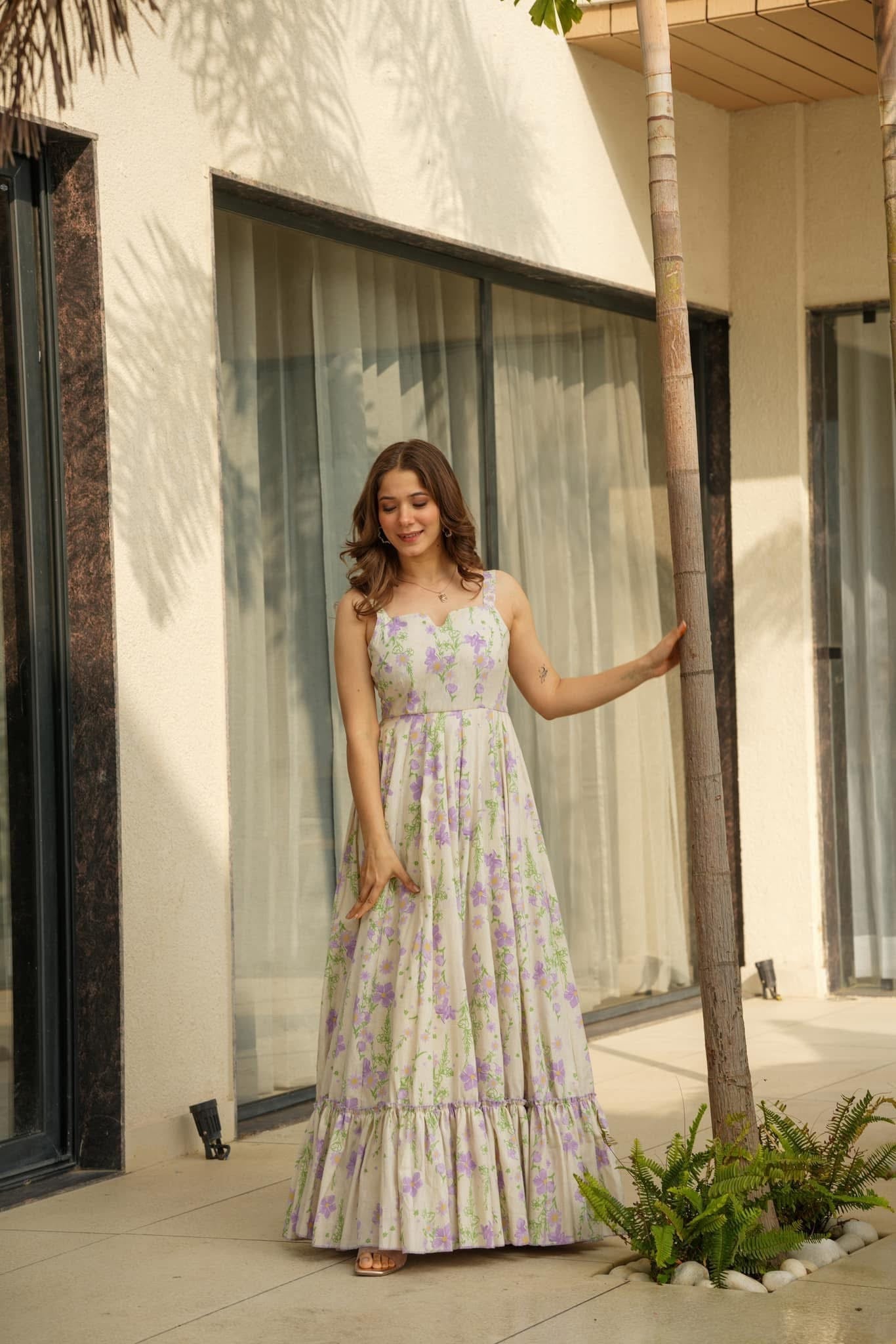 Lorenvalley Cream Rayon Floral Print Fit & Flare Gown - Swadesiicart