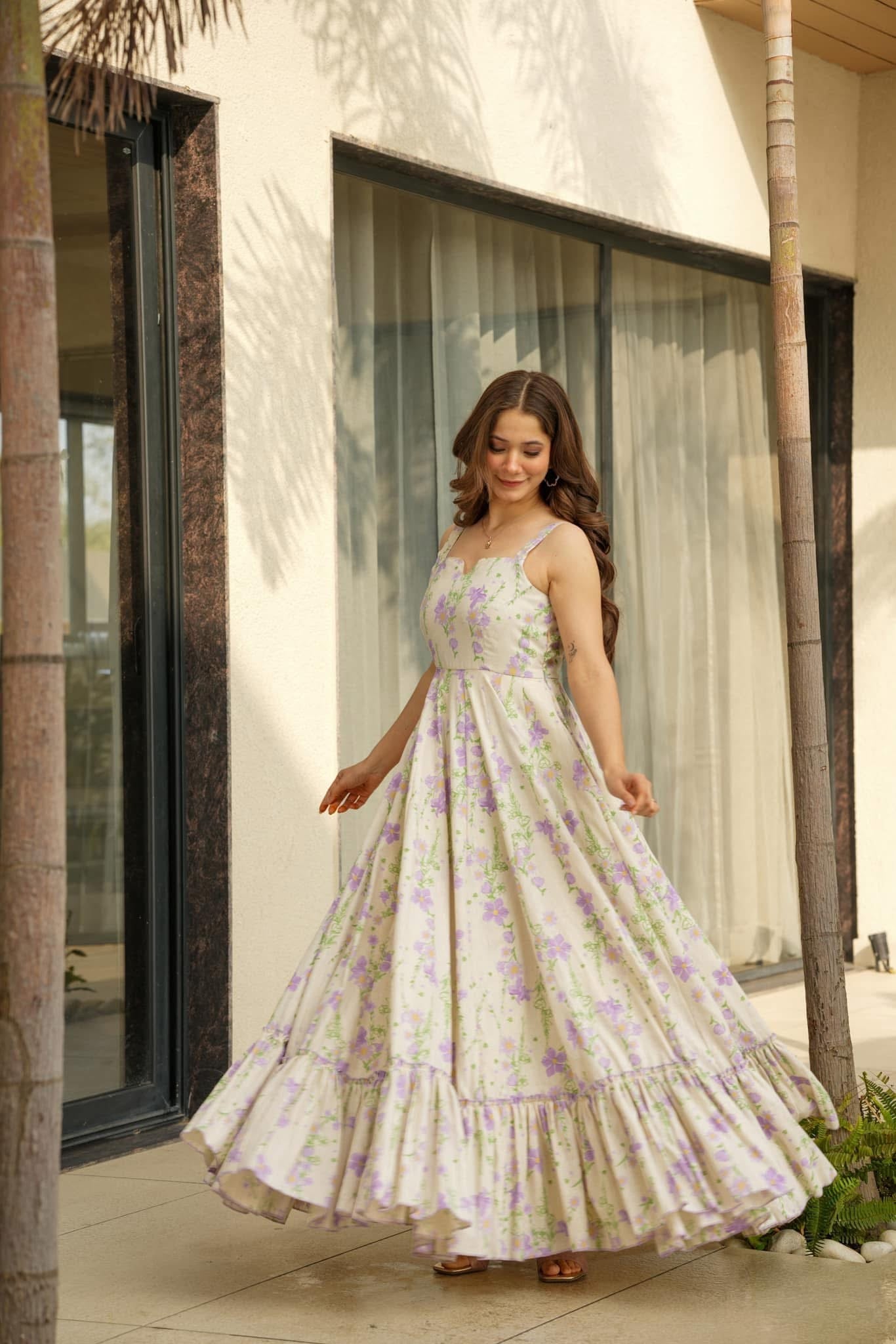 Lorenvalley Cream Rayon Floral Print Fit & Flare Gown - Swadesiicart