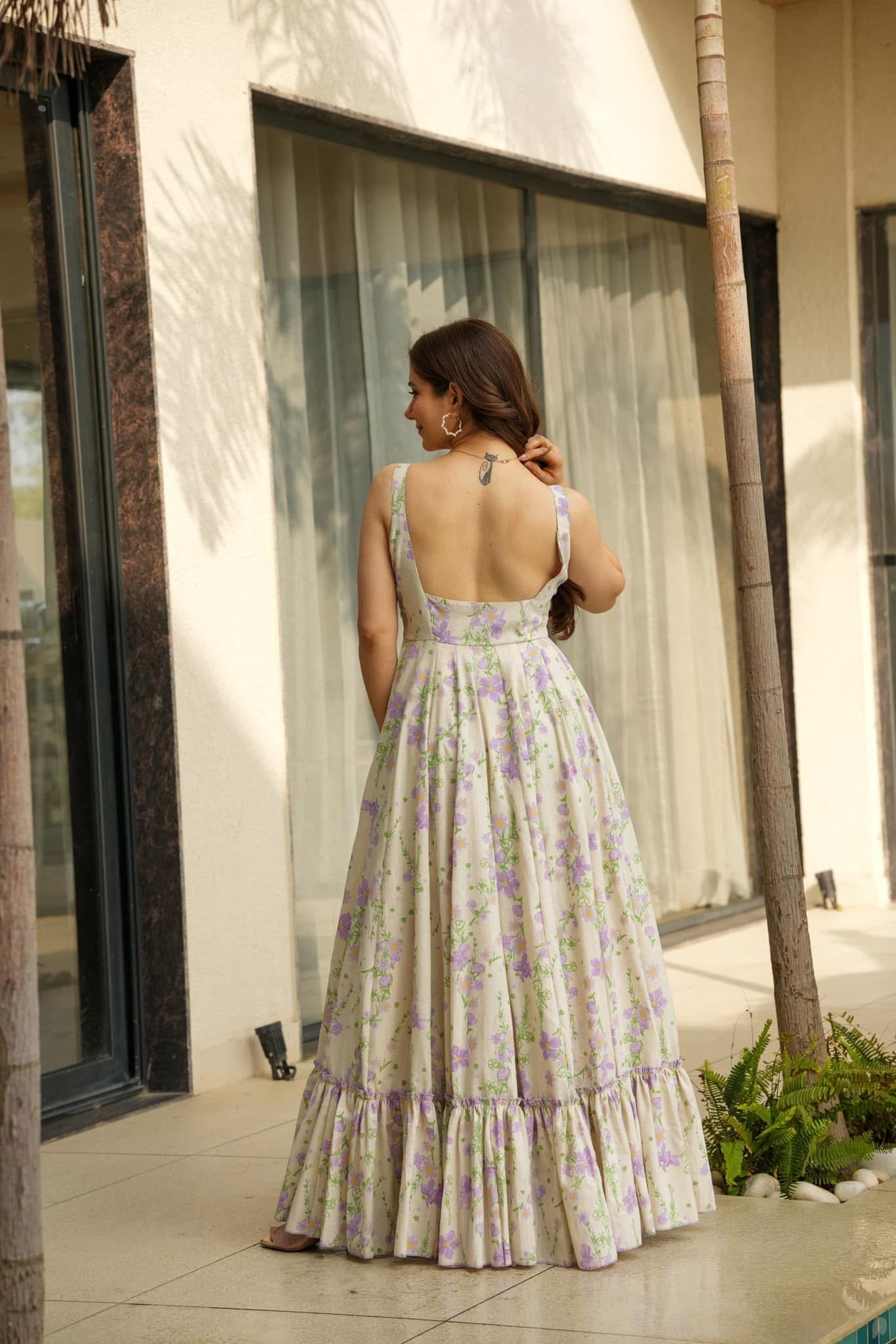 Lorenvalley Cream Rayon Floral Print Fit & Flare Gown - Swadesiicart